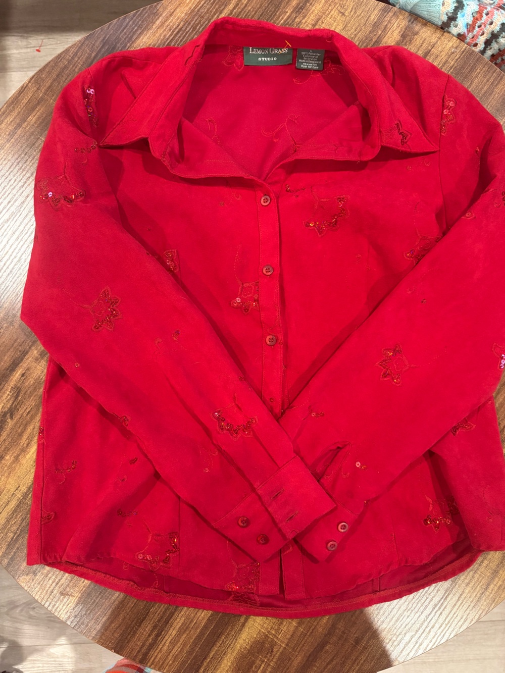 Linen Grass Studio Women's Red Embroidered Button-Down Shirt